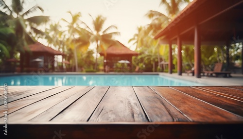 Empty wooden table in front of blurred pool resort, ai art photo