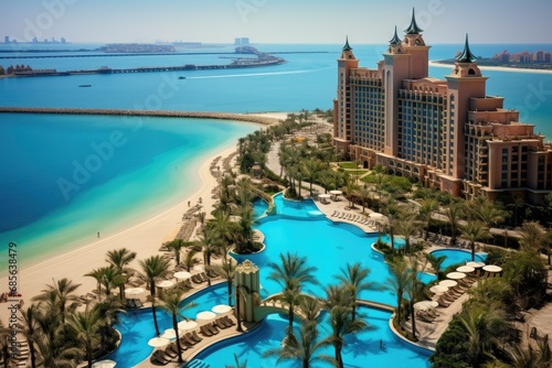 Luxury hotel with swimming pool in Dubai, United Arab Emirates, Atlantis Hotel in Dubai, UAE, view with the beach and sea, AI Generated photo