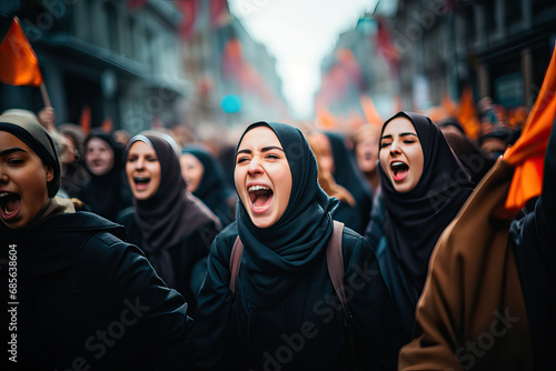Islamic women with hijab protesting for their rights at a demonstration photo