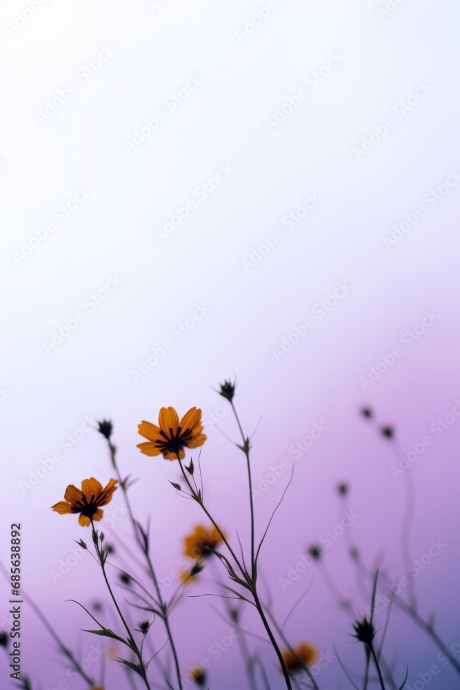 A closeup photo of yellow orange wildflowers in a field on a cloudy day, depth of field and bokeh, violet gradient background, generated by AI.