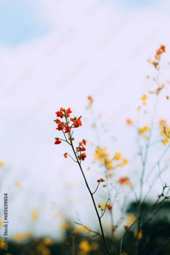 A close up photo of tiny red blossom branched at sunset with gradient background, generated by AI. A close up photo of tiny red blossom branched at sunset with gradient background, generated by AI.