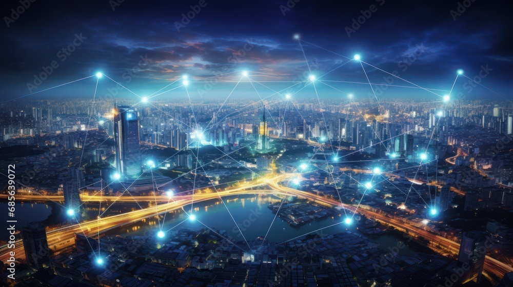 Wireless network and connectivity technology concept with city