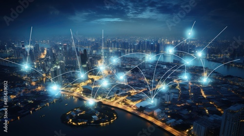 Wireless network and connectivity technology concept with city photo