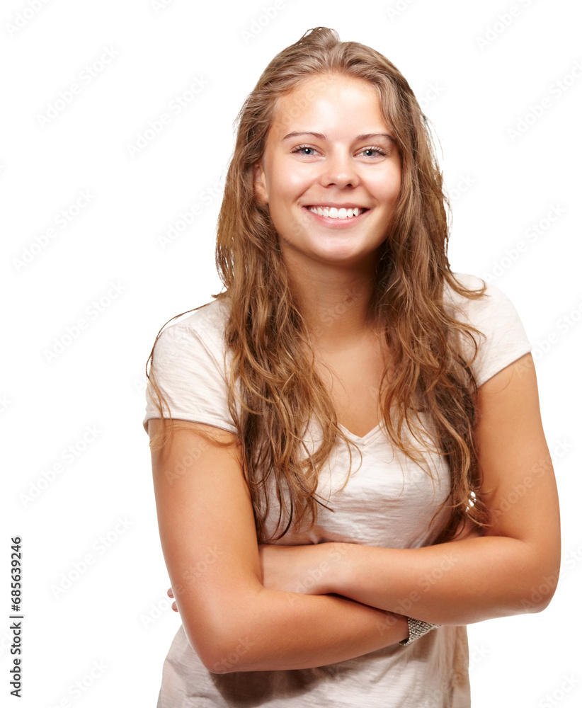 Happy woman, face and portrait smile in confidence with arms crossed isolated on a transparent PNG background. Attractive and young female person or model posing in satisfaction or positive attitude Happy woman, face and portrait smile in confidence with arms crossed isolated on a transparent PNG background. Attractive and young female person or model posing in satisfaction or positive attitude
