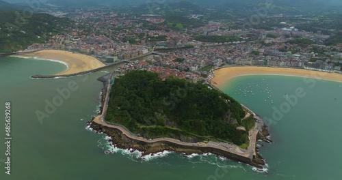 Aerial view of Zurriola beach and Urgull nountain in San Sebastian, Basque Country, Spain photo