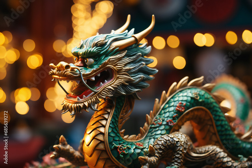 A figurine of a Chinese wooden dragon of green color on a background of Christmas lights, new year 2024 symbol, generated ai © Ihor Korsunsky