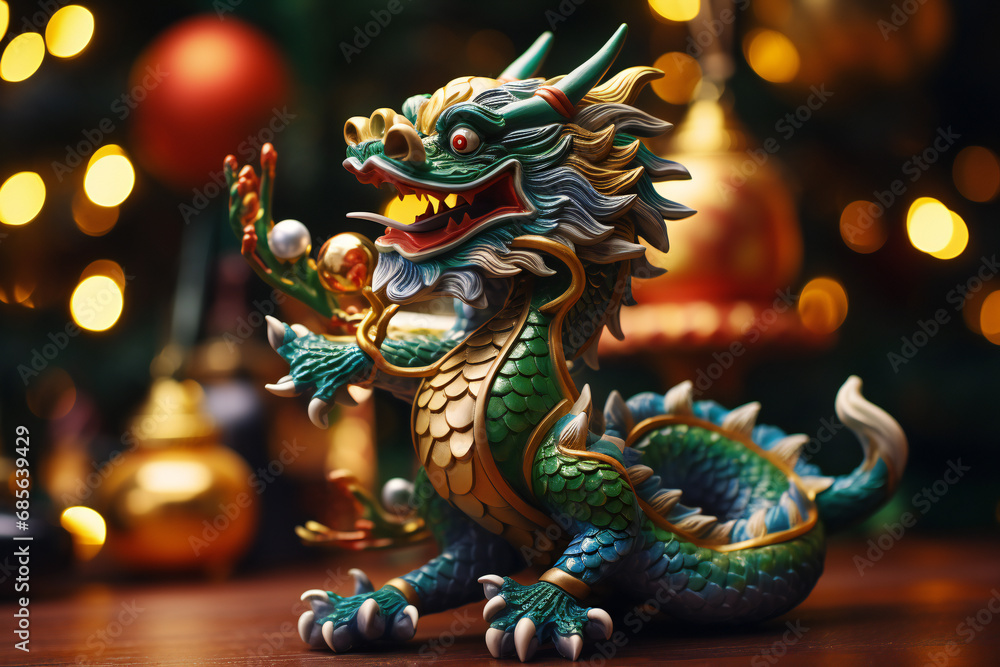 Fototapeta premium A figurine of a Chinese wooden dragon of green color on a background of Christmas lights, new year 2024 symbol, generated ai