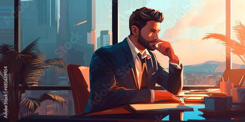 A respectable businessman is talking on the phone in a modern office. Generative AI photo