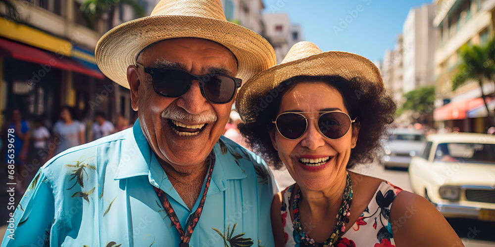 couple of elderly travelers visiting landmarks and cultural events. Generative AI
