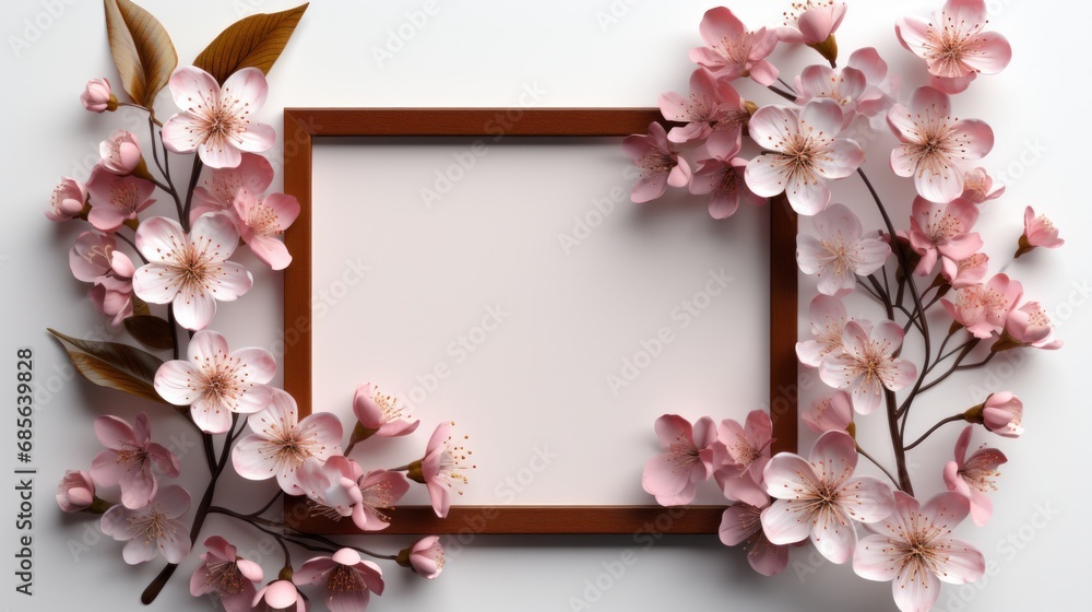 Sakura cherry blossom flower plant with leaves on white background. Mockup advertisement. template. product presentation. copy text space.