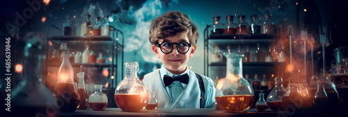 little scientist experimenting with chemical reactions in his laboratory. Generative AI photo