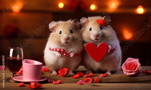 Two romantic hamsters celebrate Valentine's Day. Valentines day greeting card concept.