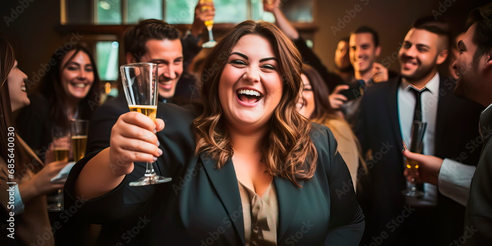 plus-size manager celebrating a successful project completion with her team, highlighting her leadership and appreciation for her employees. Generative AI plus-size manager celebrating a successful project completion with her team, highlighting her leadership and appreciation for her employees. Generative AI