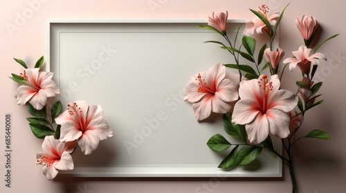 Blank frame photo with Hibiscus flower plant with leaves on pink background. Mockup advertisement. template. product presentation. copy text space.