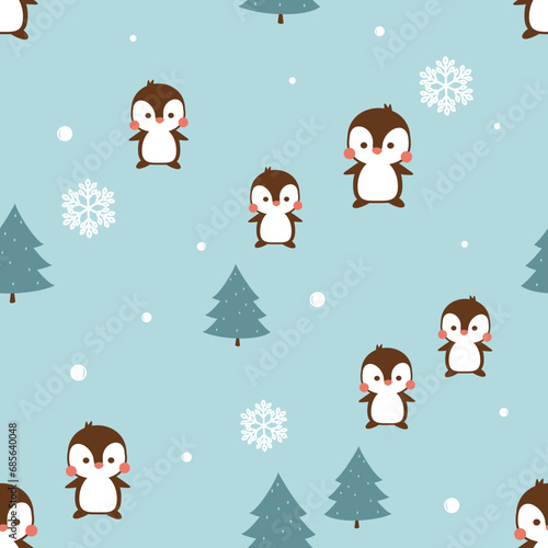 Christmas seamless pattern with cute penguin  pine tree and snowflakes on green mint background vector. 