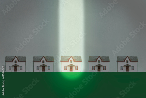 Illustration of row of houses with single one highlighted by spotlight