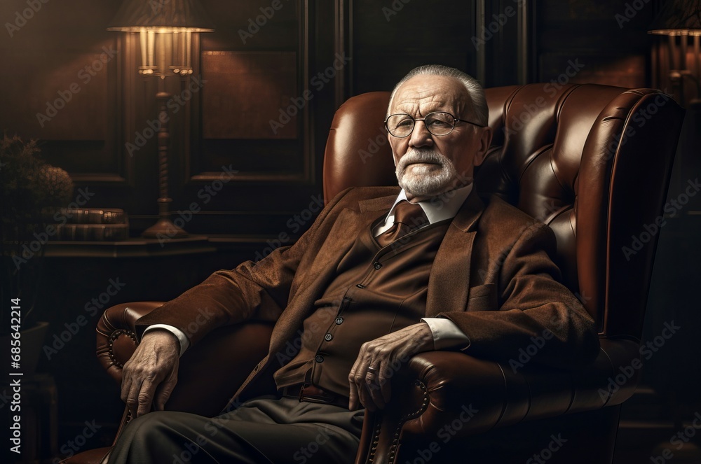 Stylish aristocrat grandfather seated leather armchair. Elderly businessman dressed in classic suit relaxed in chair. Generate ai Stylish aristocrat grandfather seated leather armchair. Elderly businessman dressed in classic suit relaxed in chair. Generate ai