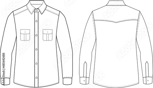 Men long sleeves pajama shirt flat sketch illustration templet vector drawing mock up design
