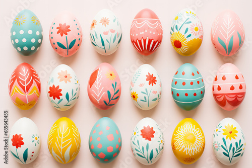 photo of risograph geometric and floral print decorated Easter eggs pattern flat lay, modern, minimalist