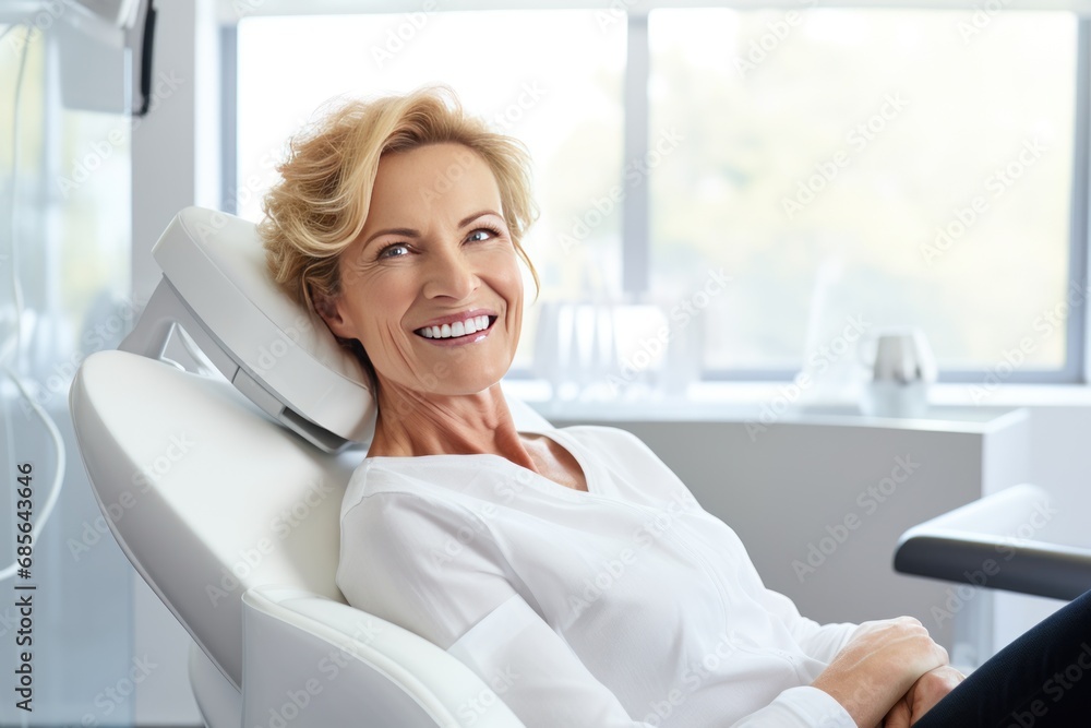 Close-up photo of a smiling woman sitting in a chair in a dental office. She is waiting for the dentist for an oral procedure. Teeth whitening concept.