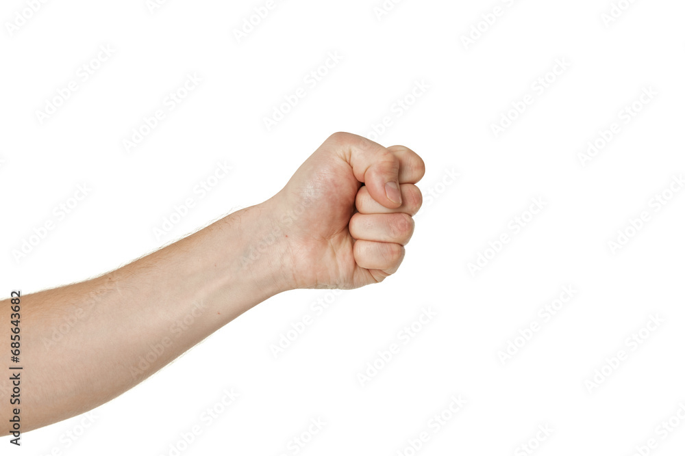 male hand holding fists up isolated on white background male hand holding fists up isolated on white background