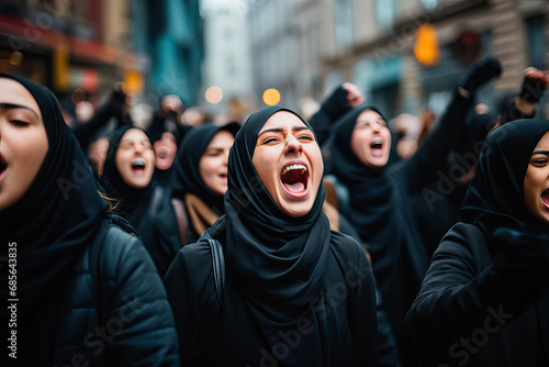 Islamic women with hijab protesting for their rights at a demonstration