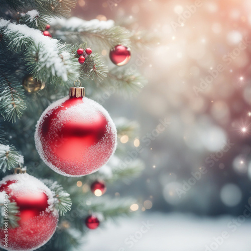 red christmas ball on tree, Decorative Red Ornament on Christmas Tree