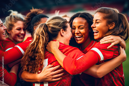 Women from a soccer team celebrating a goal in a match photo
