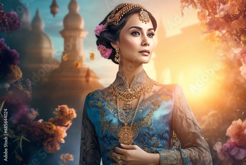 Western Indonesian lady in floral garden. Traditionally dressed woman with jewelry accessories. Generate ai
