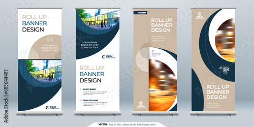 Roll Up banner stand presentation concept. Corporate business roll up template background. Vertical template billboard, banner stand or flag design layout. Poster for conference, forum, shop photo