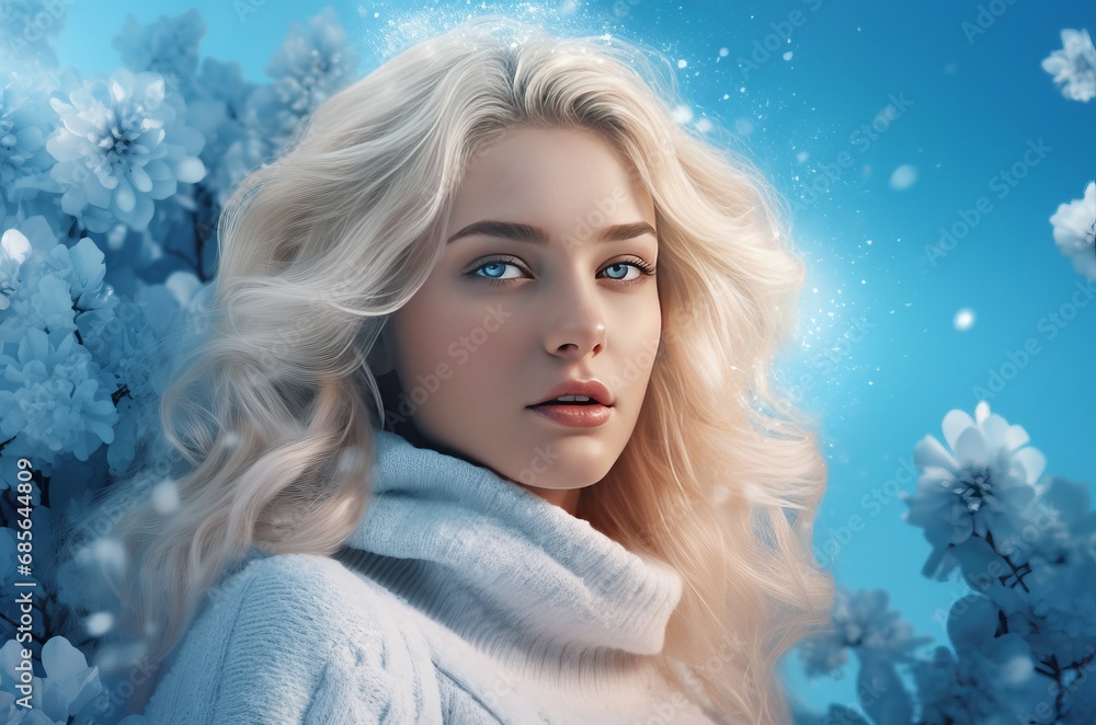 Blonde woman portrait on blue frozen background. Stunning lady posing on azure wintertime backdrop. Generate ai
