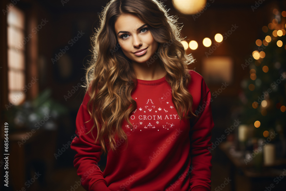 Female sweatshirt mockup image with Christmas background