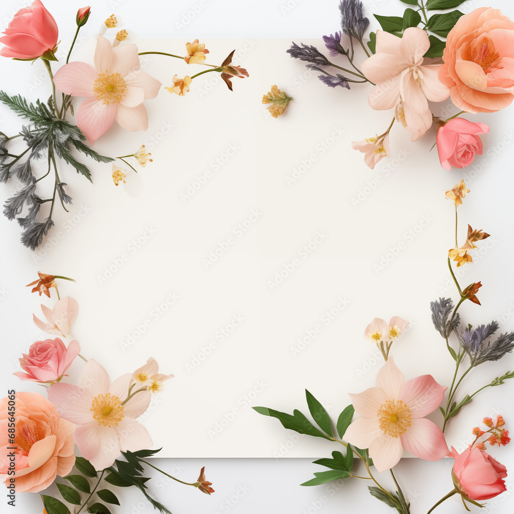 White background frame with roses and flowers around White background frame with roses and flowers around