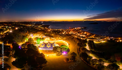 UK, Scotland, North Berwick, Aerial view of Fringe by Sea festival in Lodge Grounds park at sunset photo