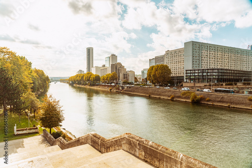 France, Ile-De-France, Paris, Seine river flowing through Quartier Bellini photo