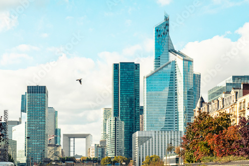 France, Ile-De-France, Paris, Modern skyscrapers in La Defense district withGrande Arche in background