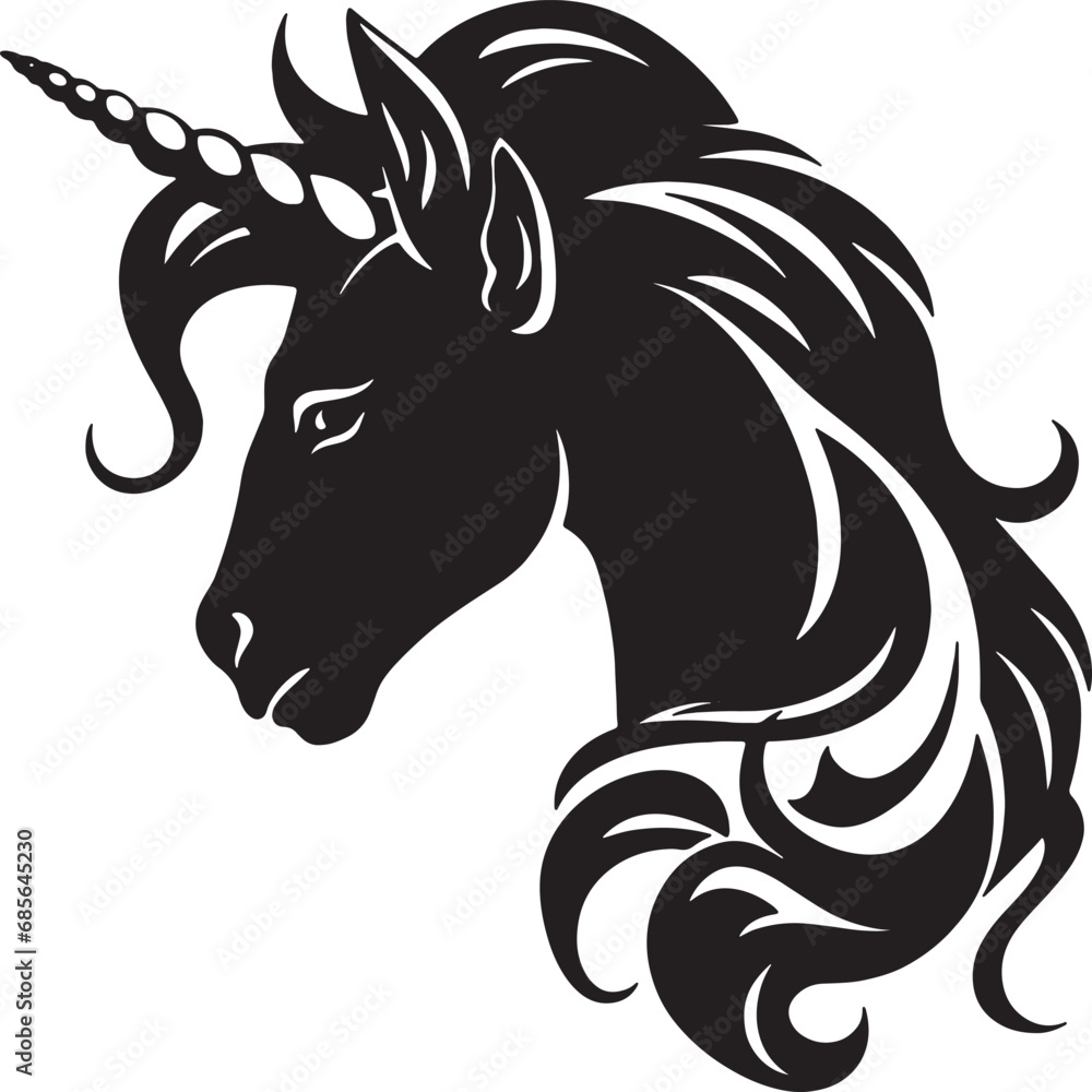 Fototapeta premium black and white horse. unicorn silhouette.