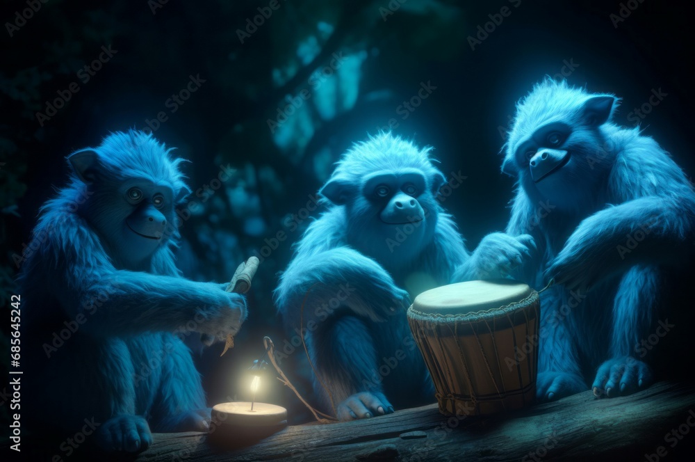 Blue bigfoots playing drums. Furry and talented animals play music with sticks. Generate AI
