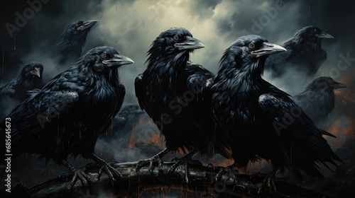 Two black birds, evil ravens or crows, sitting on a branch in front of a forest. photo