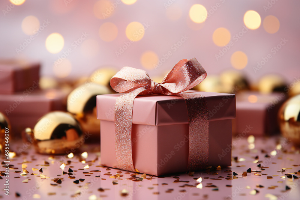 Minimal trendy scene of gift box and golden confetti particles on pink background Minimal trendy scene of gift box and golden confetti particles on pink background