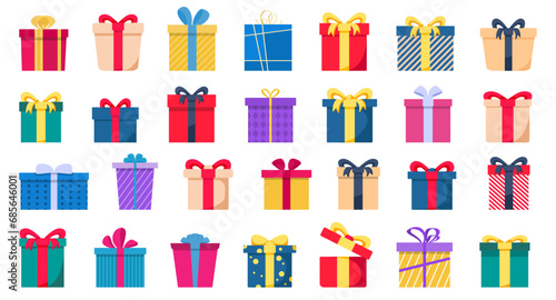 Gift box in a flat design. Set of Christmas gifts, New Year presents. Colorful present boxes. Cartoon gift box collection