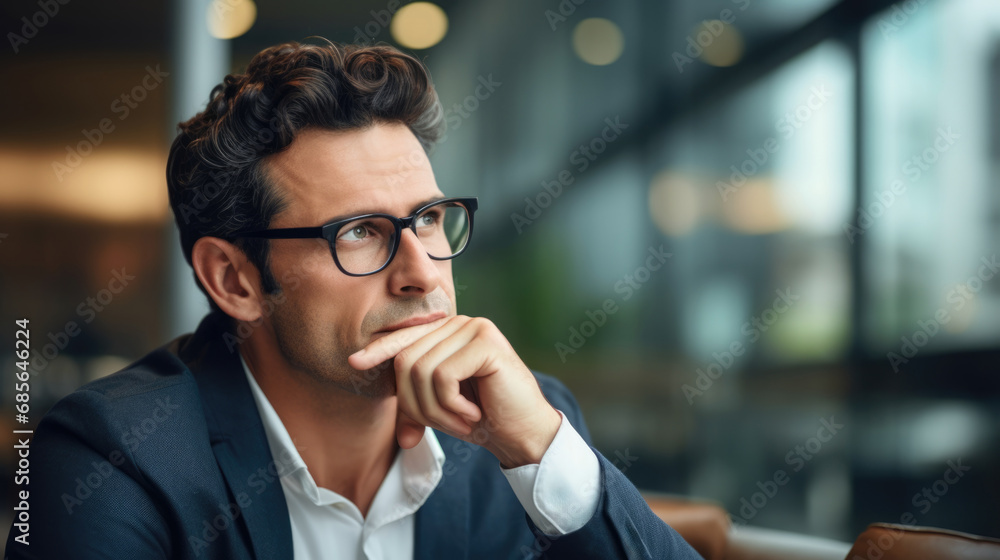 Formal professional businessman in modern office thinking of future business opportunities and investments. Risk management. Formal professional businessman in modern office thinking of future business opportunities and investments. Risk management.