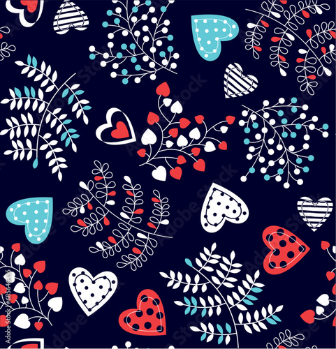 Hearts pattern with leaves on dark blue background