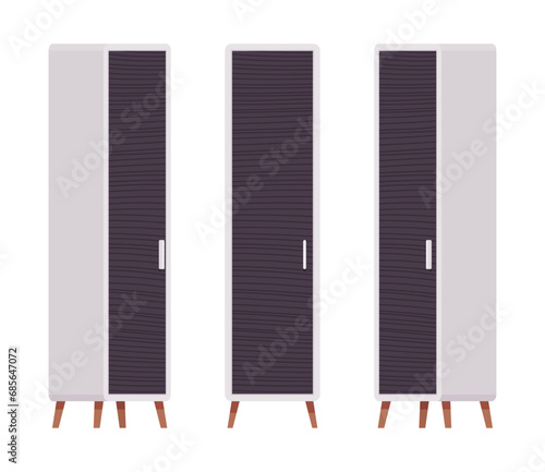 Storage closet, tall slim nice linen black door cabinet set. Wooden living room organizer, bedroom interior item. Vector flat style cartoon home, office furniture objects isolated on white background