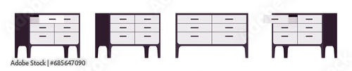 Drawer chest, dresser, nightstand storage, bedroom accent set. Closet, living room, entry table item for organizing. Vector flat style cartoon home, office furniture objects isolated, white background