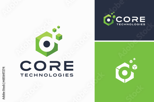 Modern Box Initial Letter C Core with Hexagon Cubes for Digital Technology logo design