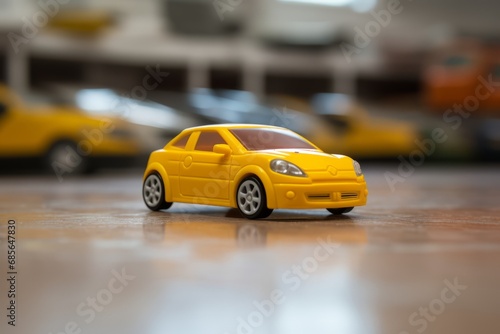A close up picture of a tiny yellow car toy on the parquet in room, generated by AI.