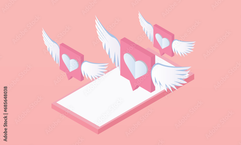 Obraz premium 3d minimal heart and love with wings is flying on mobile phone. social media online emoji icon platform concept, communication on application.on pastel background