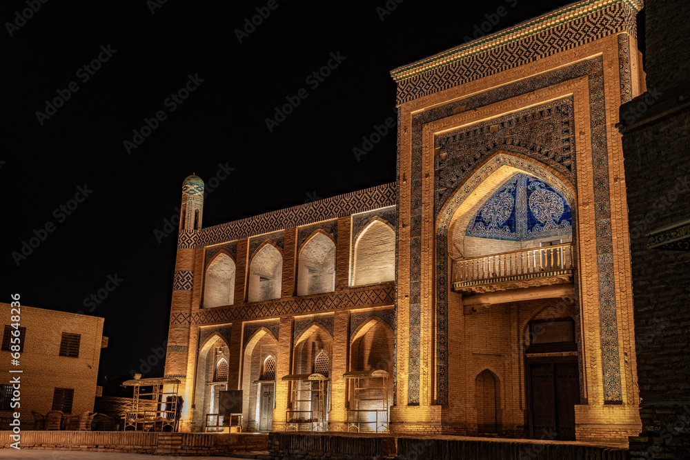 beautiful Golden Glow from the historical building in the night time, Khiva, the Khoresm agricultural oasis, Citadel.