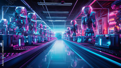 Neon Robot assembly line with smartphone in factory